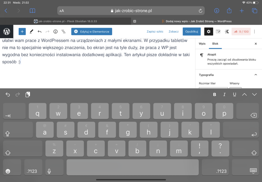 Pulpit edycji treści WordPress na tablecie