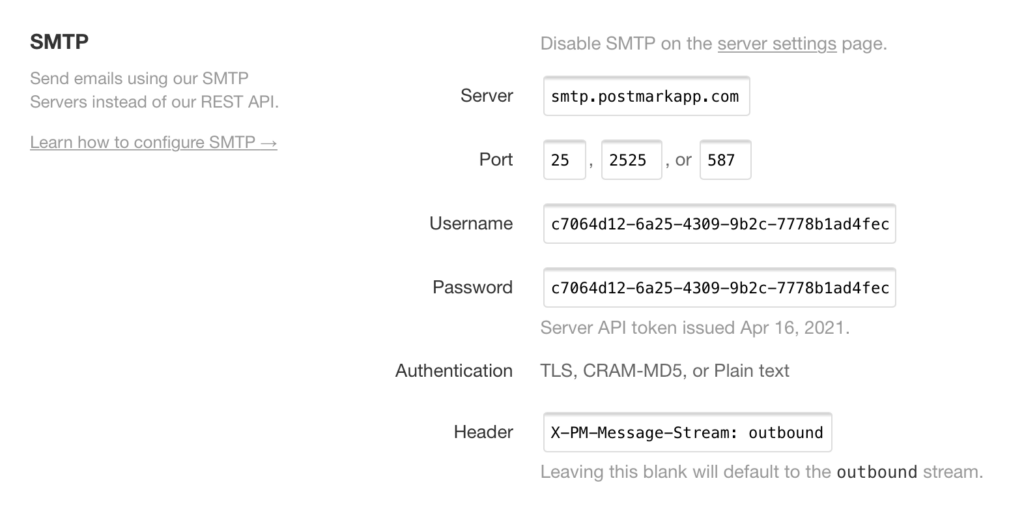 Postmark i dane serwera SMTP